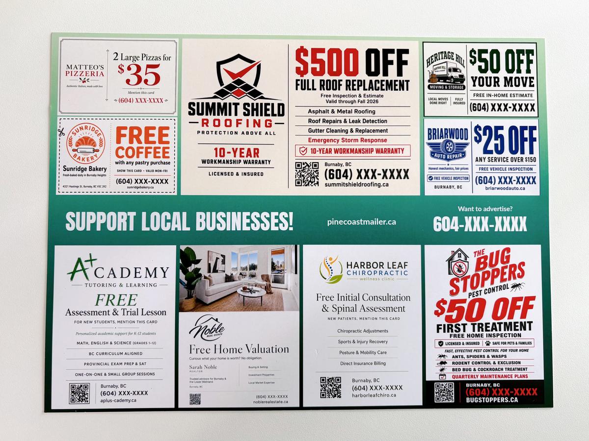 Back of The Lougheed Highlighter postcard showing more local business ads